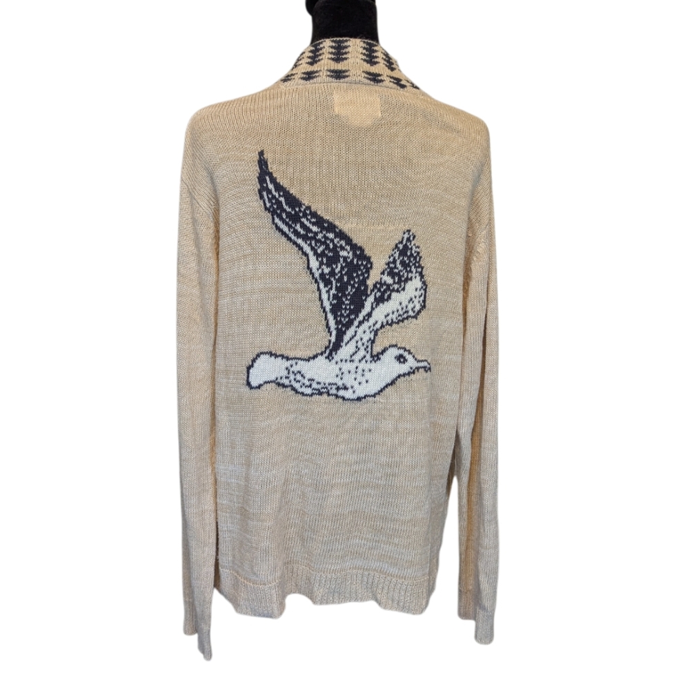 Obey Propaganda Beige Cardigan with Blue White Seagull Bird Motif